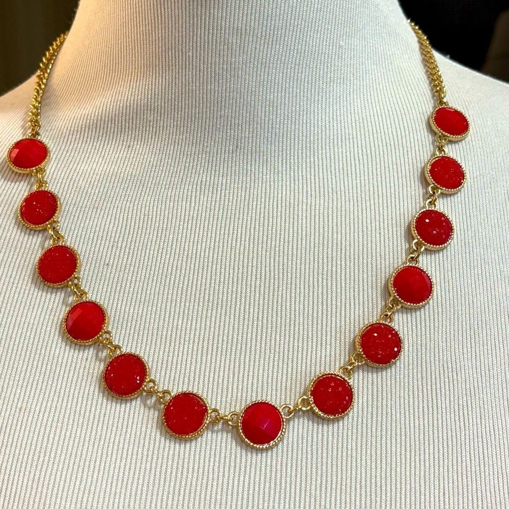 Vintage Carolee Red Resin & Gold-Tone Statement Necklace – 23” Adjustable